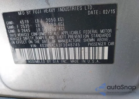 2015 Subaru Legacy 2.5I Premium z USA, uszkodzony, nr VIN 4S3BNAC63F3048745